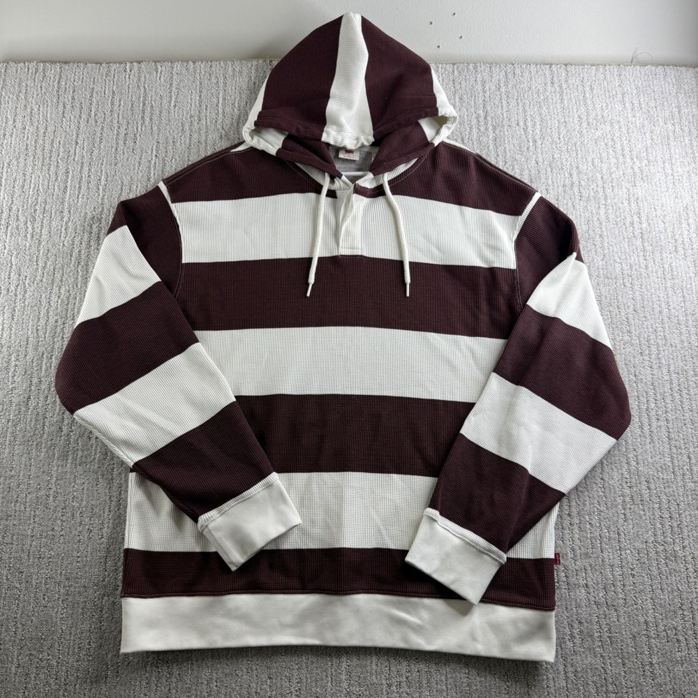Levis Relaxed Fit Waffle Knit Striped Hoodie Mens XL Maroon White Pullover